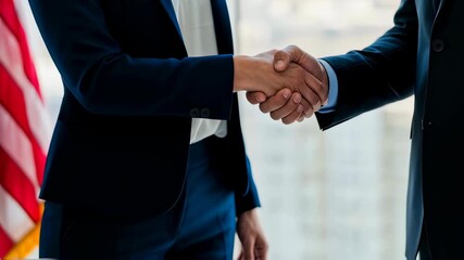 Woman and man business partners shaking hands in office window, showing agreement and partnership with american flag, video - Powered by Adobe