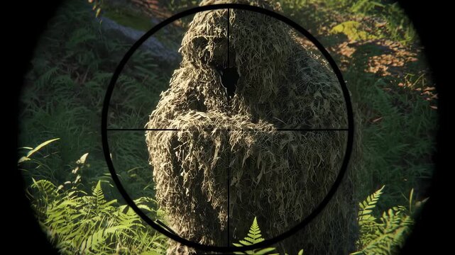 Sniper in ghillie suit in forest seen through scope. Military camouflage concept in woodland environment video.