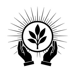 Vector art of hands holding a plant with sunburst symbol of growth, nature, and care in a minimalist black and white design