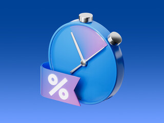 3D icon of a stopwatch with a percentage sign, symbolizing limited time offers, discounts, and special promotions.