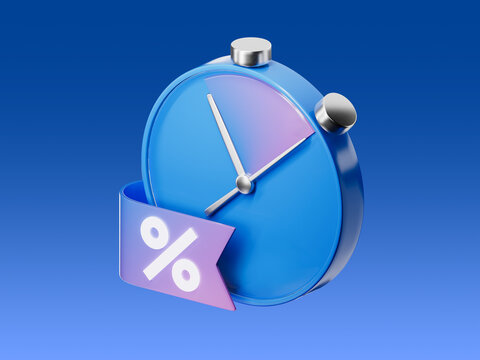 3D icon of a stopwatch with a percentage sign, symbolizing limited time offers, discounts, and special promotions.