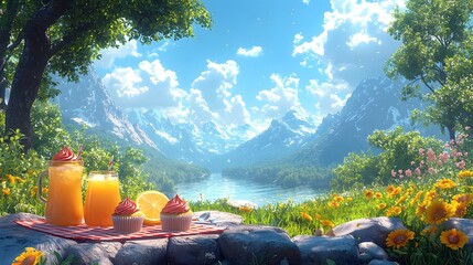 Fototapeta premium Scenic outdoor picnic with orange juice and cupcakes overlooking a majestic mountain lake on a bright sunny day
