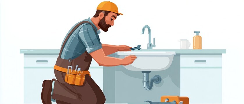 Skilled plumber working on sink installation in modern kitchen