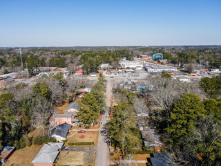 Aerial landscape in during winter of forested residential area in Decatur Atlanta Georgia