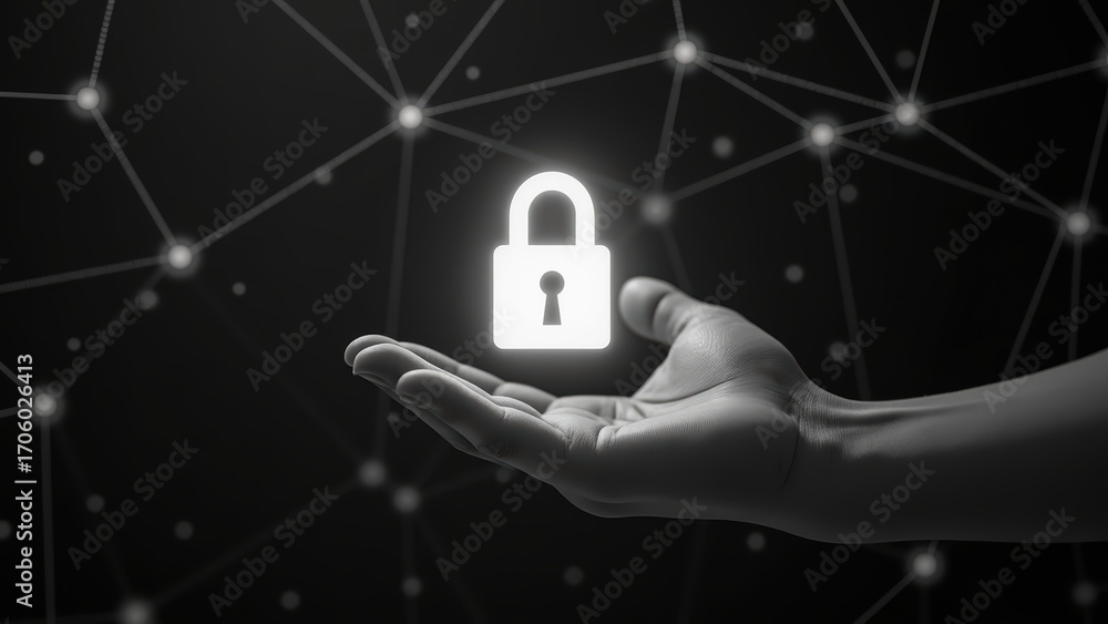 Poster hand holds glowing padlock symbol, representing security and protection digital world. background fe