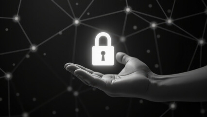 Hand holds glowing padlock symbol, representing security and protection digital world. background features network of interconnected nodes