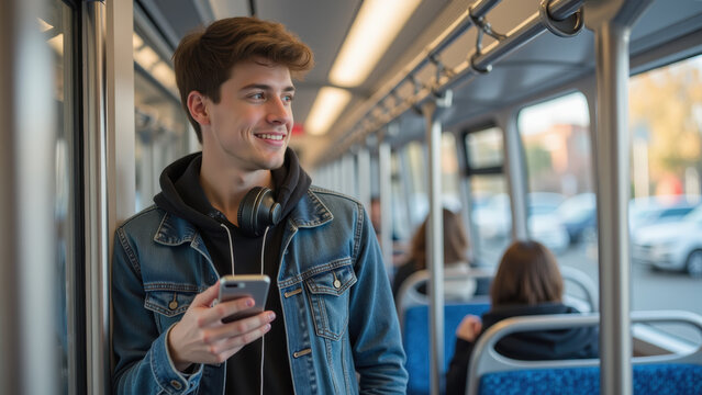 Young man smiles while using smartphone on public transport, wearing headphones and denim jacket. atmosphere is relaxed and casual