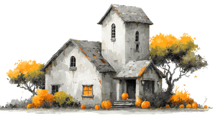 Haunted house watercolor style with pumpkins and eerie glow, isolated on white background