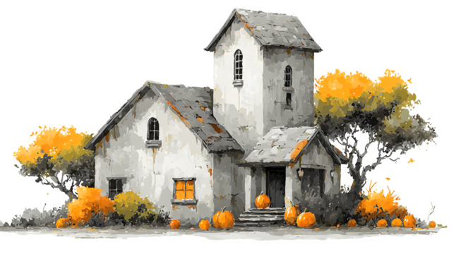 Haunted house watercolor style with pumpkins and eerie glow, isolated on white background