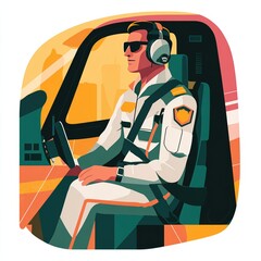 Pilot in Uniform Operating Helicopter in Vibrant Urban Landscape