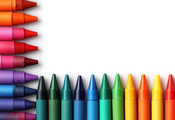 Arranged wax crayons create a colorful border. Top ones are horizontal, bottom ones are vertical with a white space for text