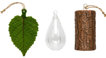 Set of hanging natural air fresheners including green leaf, glass droplet, and bark piece, eco-friendly home decor, perfect for natural lifestyle