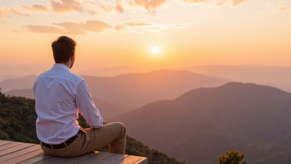 Man in white shirt sits on wooden deck, gazing at beautiful sunset over mountains, evoking sense of peace and reflection
