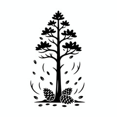 Obraz premium Vector art of silhouette of a pine tree with cones on the ground, evergreen tree in winter season with pinecones