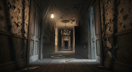 Desolate Corridor of Time An Eerie Glimpse into an Abandoned Manor's Decaying Hallway, Where Shadows Dance and Untold Stories Linger in the Gloom