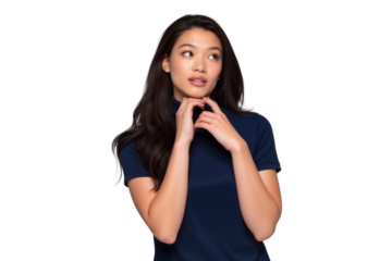 Portrait of a beautiful young Asian woman with a thoughtful expression, looking away, isolated on white background