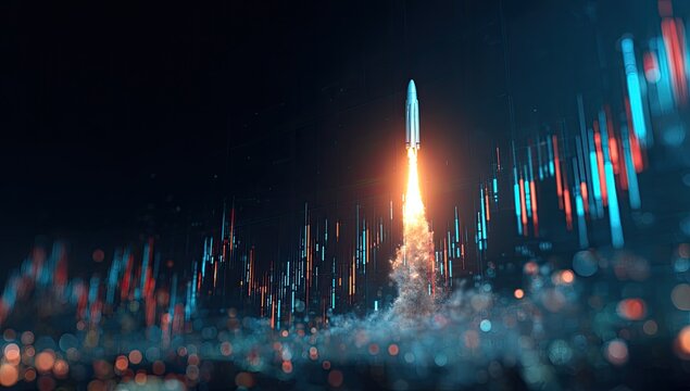 Rocket launch amidst abstract data visualization