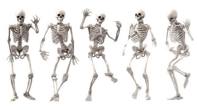 Human skeleton set in various spooky poses, isolated on white background - Powered by Adobe