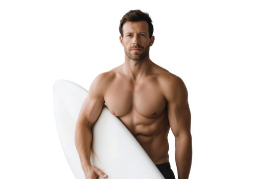 Fit shirtless man holding a surfboard, isolated on transparent background