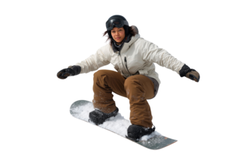 Confident snowboarder woman in winter gear, performing a dynamic jump, isolated on transparent background