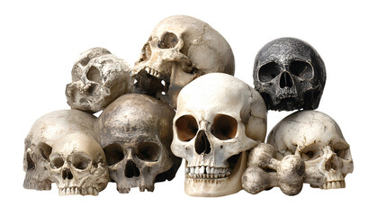 Human skulls and bones arranged in creepy display, isolated on white background