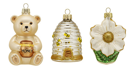 Cute bear honey jar, bee hive, and flower Christmas ornaments set, perfect for holiday decoration and festive home d?cor