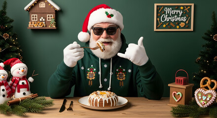 Funny santa claus wearing sunglasses and a santa hat eating a christmas cake with a fork and knife giving a thumbs up gesture