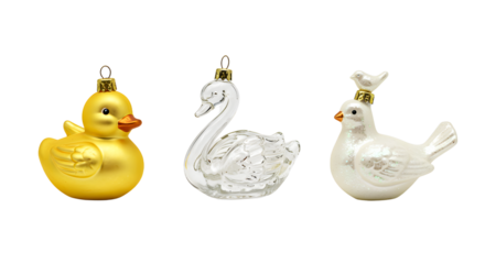 Three animal-shaped Christmas ornaments featuring a yellow duck, a white swan, and a white bird with a small bird on its head, perfect for holiday decorations