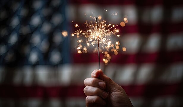Sparkler held in hand, American flag background - Powered by Adobe
