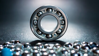 close up of a shiny ball bearing surrounded by blurred metal balls perfect for engineering or industrial applications highlighting precision and durability