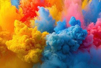Vibrant explosion of multicolored pigments suspended mid-air, showcasing a dynamic blend of yellow, blue, red and pink in a cloud-like formation