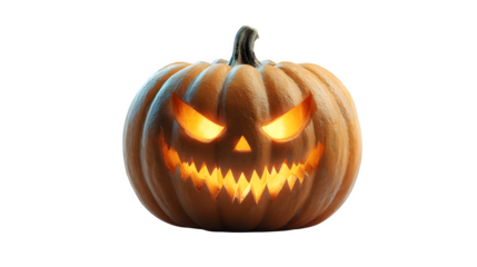 Jack-o-lantern glowing with spooky carved eyes and mouth, AI generated, isolated on white background