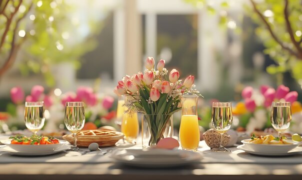 Easter Brunch Setup with Mimosa Waffles and Tulips. Generative With Ai