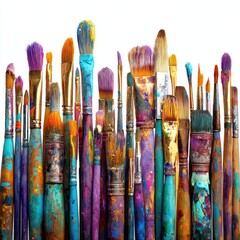 Fototapeta premium Varied paintbrushes, colorful and textured, stand together. Bristles display hues of purple, orange, blue, and brown. The handles are stained with paint