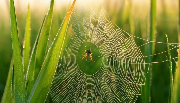 a small yellow and brown spider rests in the center of its dew covered web near green blades of grass