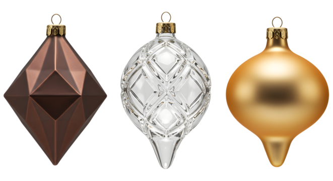 Set of three elegant Christmas ornaments in bronze, silver, and gold colors with geometric and bulb shapes, perfect for holiday decoration - Powered by Adobe