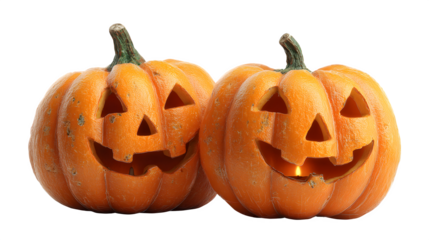 Jack-o-lantern pumpkins glowing in AI generated festive style, isolated on white background