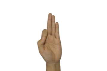 Isolated hand showing three fingers raised, symbolizing various numerical or conceptual ideas on
