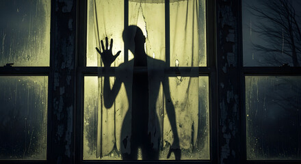An unsettling silhouette of a mysterious person or ghostly presence stands ominously behind a dark, old window, creating a chilling and suspenseful horror scene