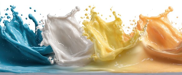 A vibrant image captures colorful liquid splashes, each a different hue, showcasing fluid dynamics against a stark white backdrop for a dynamic effect