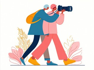 Two Friends Taking Photos in a Vibrant Outdoor Setting