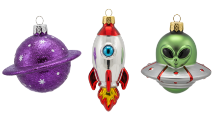 Set of three space-themed Christmas ornaments including a purple planet, a red and white rocket, and a green alien spaceship perfect for holiday decoration
