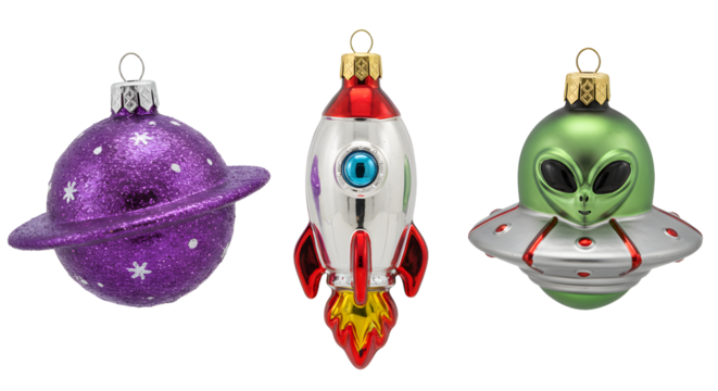 Set of three space-themed Christmas ornaments including a purple planet, a red and white rocket, and a green alien spaceship perfect for holiday decoration