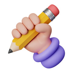 3D cartoon hand holding yellow pencil with pink eraser  

