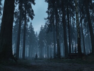 Fototapeta premium A dense forest path under a somber sky. Tall, straight trees line the way, leading into the hazy distance, creating a sense of depth and mystery
