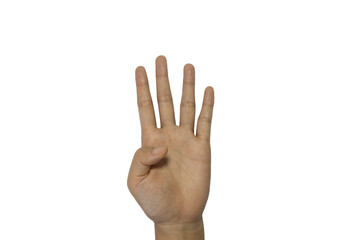 Isolated human hand showcasing four fingers extended against a dark transparent png background