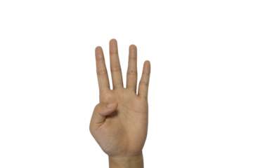 Isolated human hand showcasing four fingers extended against a dark transparent png background