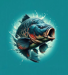 carp fish surging forward with explosive water splashes on teal background, bold blue-red hues and wide-eyed stare. 