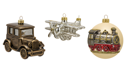 Vintage Christmas tree ornaments featuring a classic car, silver airplane, and toy train, perfect for holiday decorations and nostalgic themes
