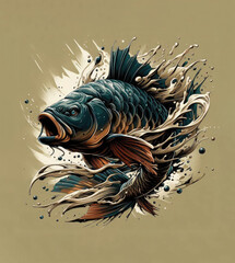 carp fish twisting mid-air with flowing water splashes on warm beige background, vibrant blue-orange tones and fluid motion. 
